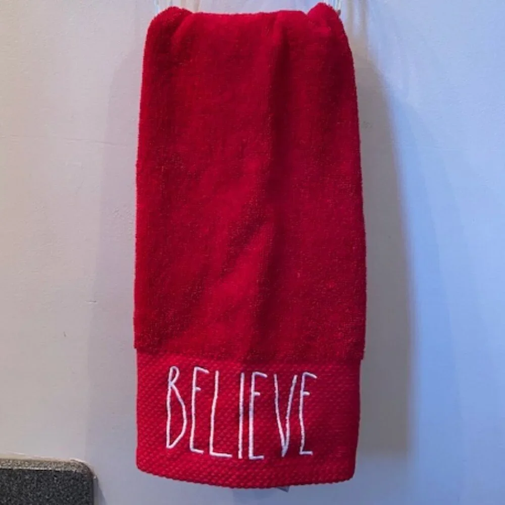 RAE DUNN Believe Red Cotton Hand Towel